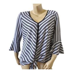 PERSEPTION CONCEPT Womens Size XL Black White Striped Bell Sleeve Tied Shirt Top
